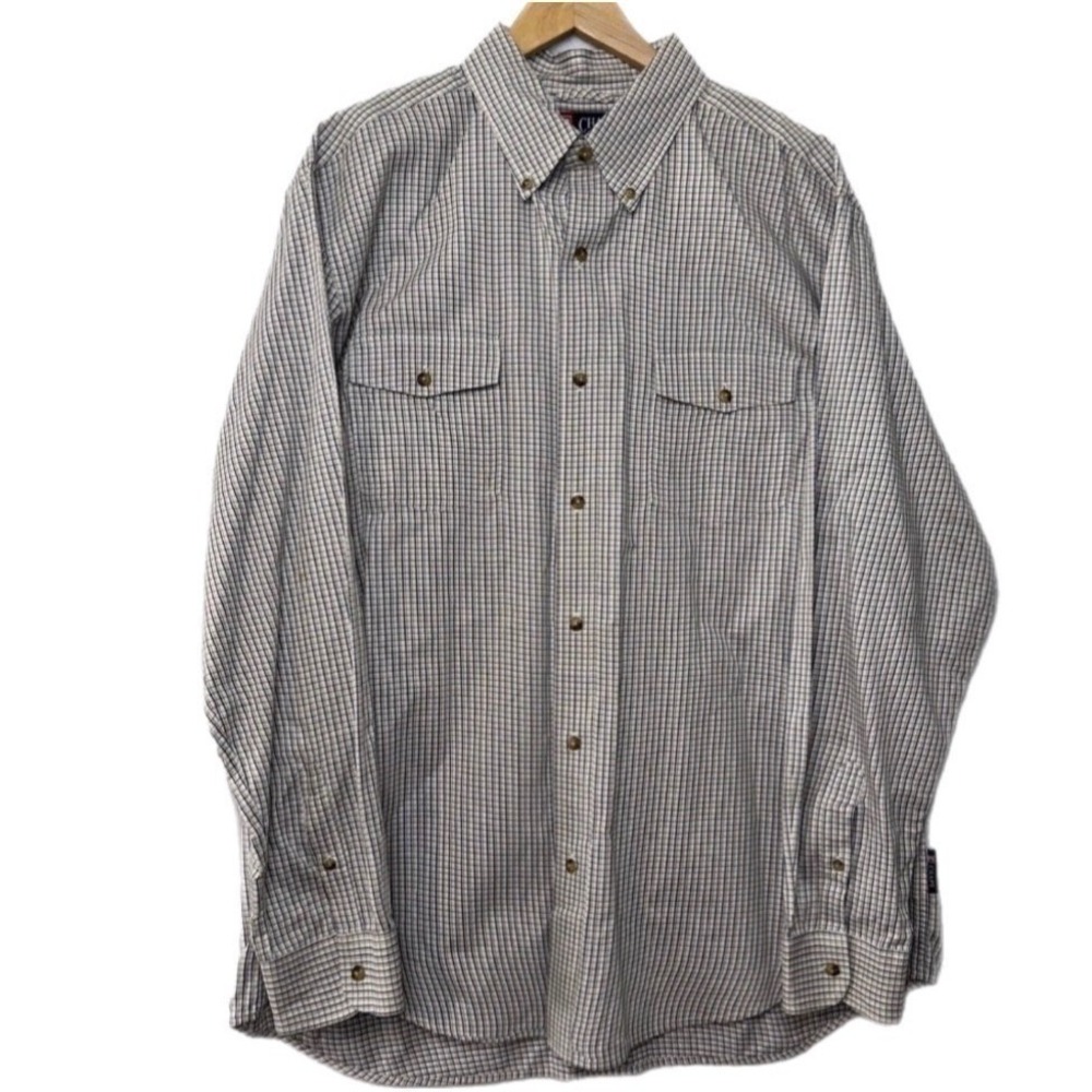 Chaps Button Down Shirt Men XL Tan Blue Check Long Sleeve Cotton Pockets